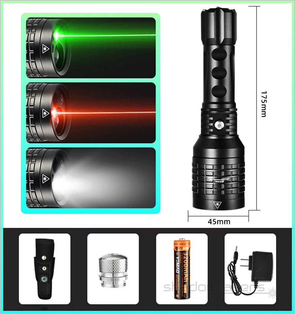 ''Shadowlasers " U8 3 In 1 Red & Green Laser Flashlight 10W T6